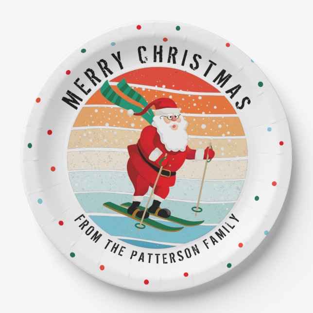 Retro Christmas Sunset Skiing Santa Personalised Paper Plate (Front)