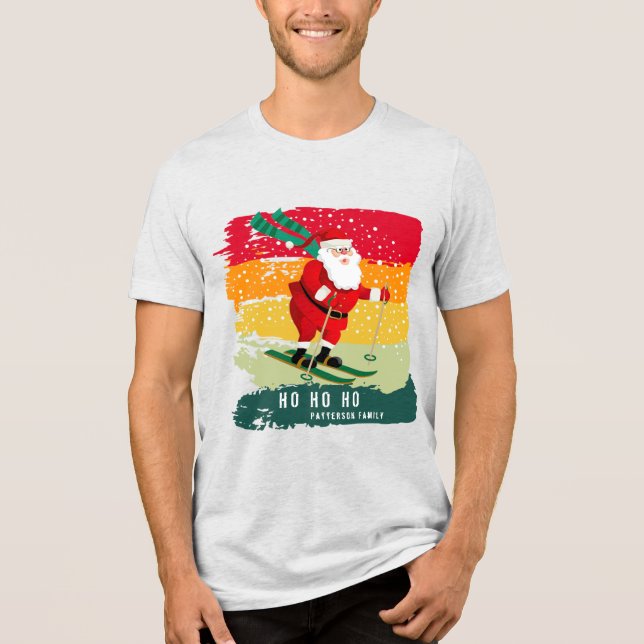 Retro Christmas Sunset Skiing Santa Personalised Tri-Blend Shirt (Front)