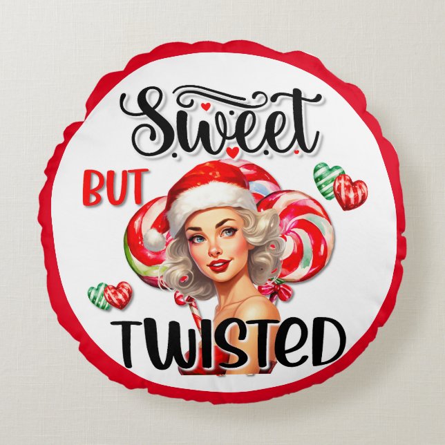 Retro Christmas Sweet n Twisted Pinup Round Cushion (Front)