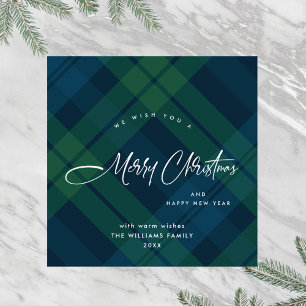 Retro Christmas Tartan Green Blue Plaid Greeting Holiday Card