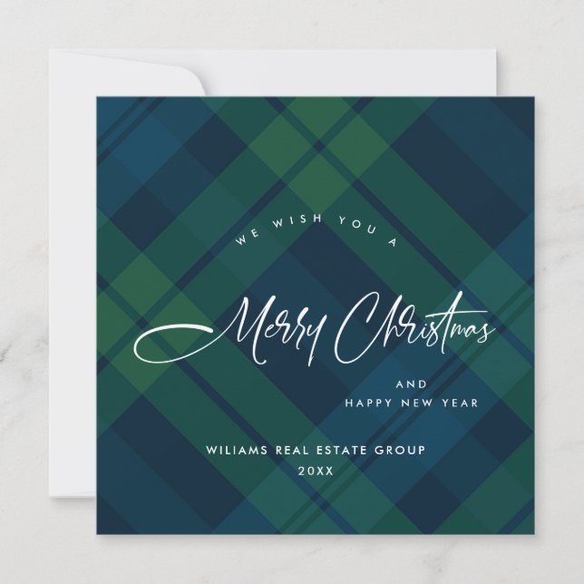 Retro Christmas Tartan Plaid Corporate Greeting Holiday Card (Front)