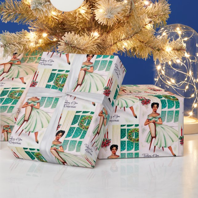 Retro Christmas Thinking of you lady party wrap Wrapping Paper (Holidays)