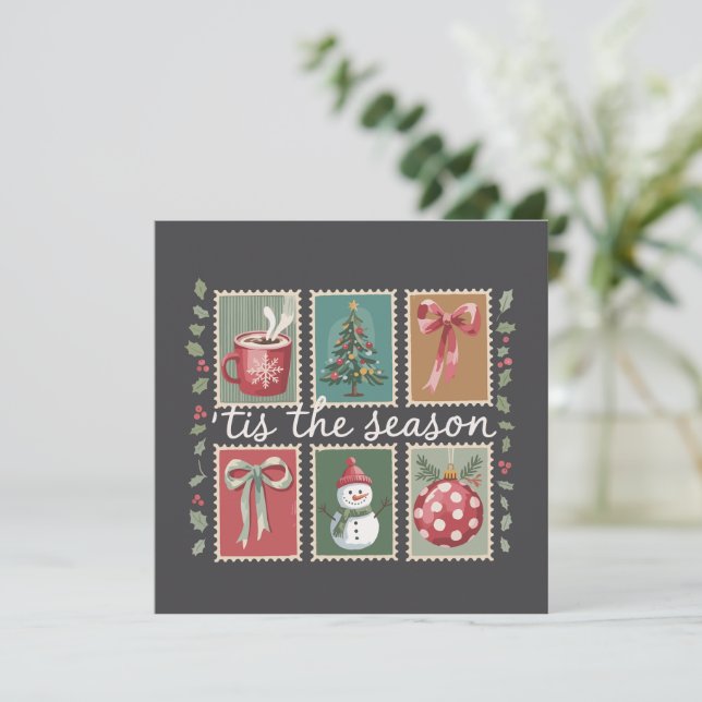 Retro Christmas Tis The Season Cosy Winter Santa  Holiday Card (Standing Front)