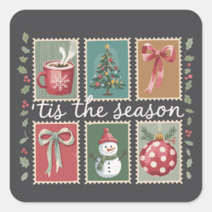 Retro Christmas Tis The Season Cozy Winter Santa  Square Sticker