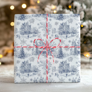 Retro Christmas Toile Blue Victorian Wrapping Paper