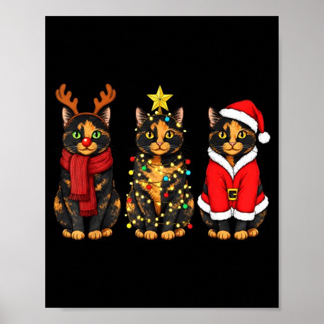 Retro Christmas Tortoiseshell Cat Santa Reindeer  Poster (Front)
