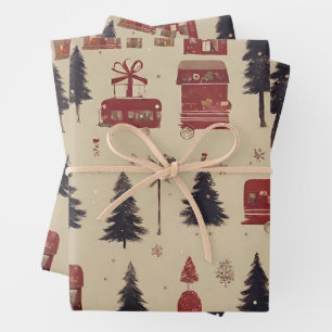 Retro Christmas Town Illustration  Wrapping Paper Sheet