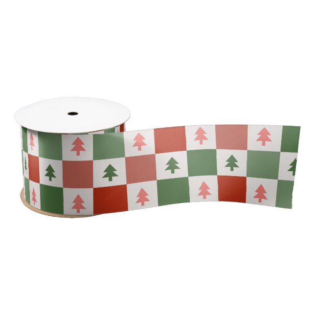 Retro Christmas Tree Chequerboard Holiday Pattern Satin Ribbon (Spool)