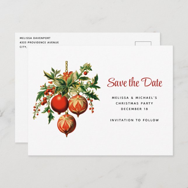 Retro Christmas Tree Decorations Save the Date Invitation Postcard (Front/Back)