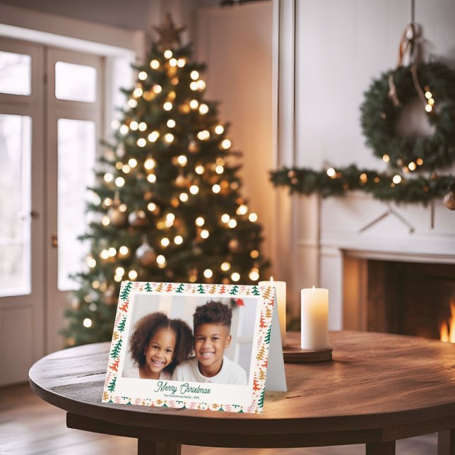 Retro Christmas Tree Holiday Family Photo Card (Retro Christmas Trees Holiday Photo card)