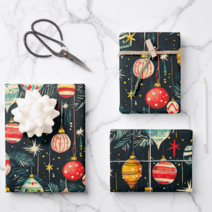 Retro Christmas Tree Ornaments Wrapping Paper Sheet