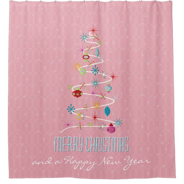Retro Christmas Tree Pink Christmas Shower Curtain (Front)
