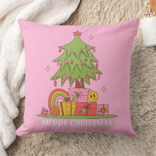 Retro Christmas Tree Pink Cushion