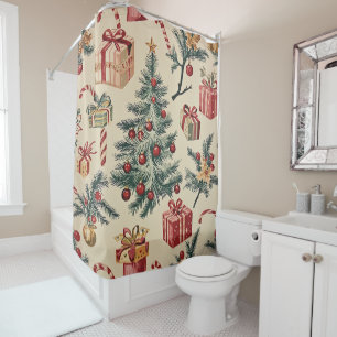 Retro Christmas Tree Red Green Cream Holiday Print Shower Curtain