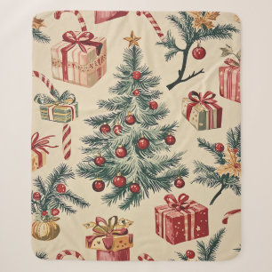 Retro Christmas Tree Red Green Cream Holiday Sherpa Blanket