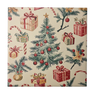 Retro Christmas Tree Red Green Cream Holiday Tile
