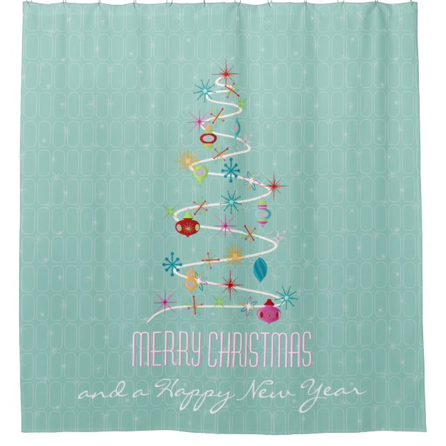 Retro Christmas Tree Teal Christmas Shower Curtain (Front)