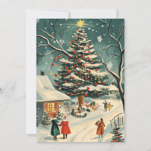 Retro Christmas  Tree Village Scene Holiday Card