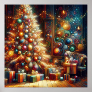 Retro Christmas Tree With Presents Underneath Wall Poster