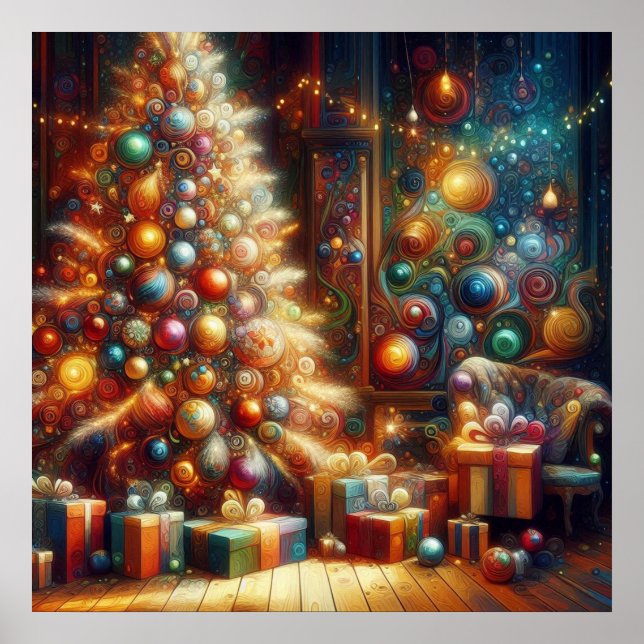 Retro Christmas Tree With Presents Underneath Wall Poster (Front)