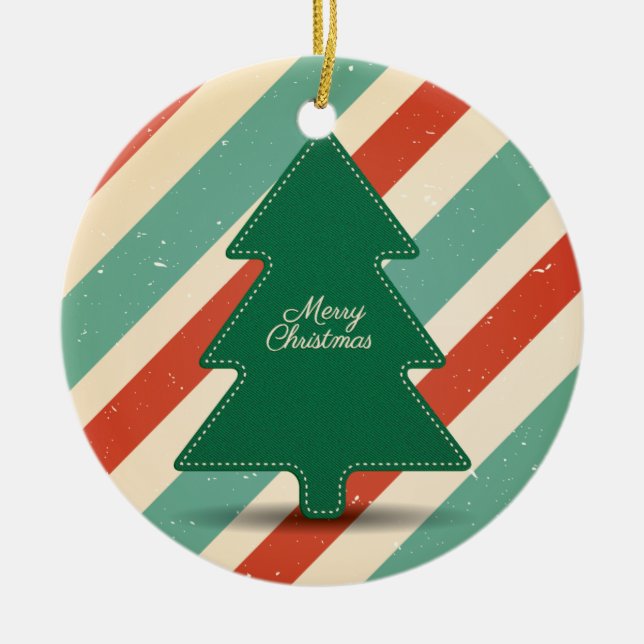 Retro Christmas Tree with Striped Background Ceramic Tree Decoration (Front)
