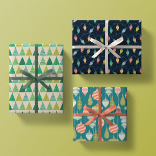 Retro Christmas Trees, Holiday Lights, Ornaments Wrapping Paper Sheet