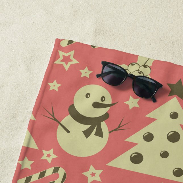 Retro Christmas trees holly berry star candy cane  Beach Towel (In Situ)