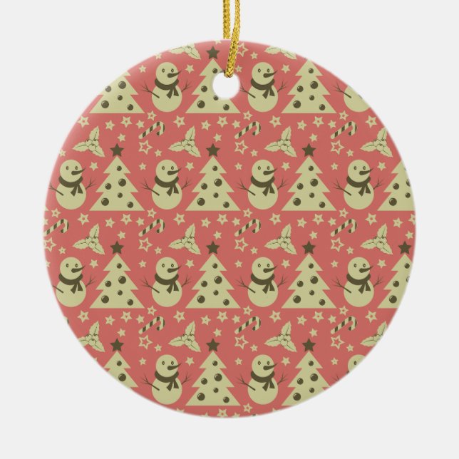 Retro Christmas trees holly berry star candy cane  Ceramic Tree Decoration (Front)