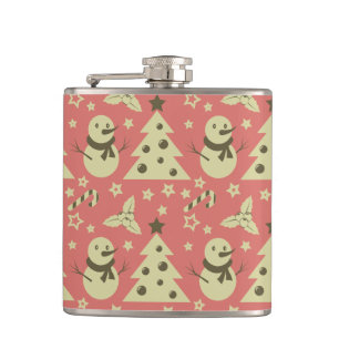 Retro Christmas trees holly berry star candy cane  Hip Flask
