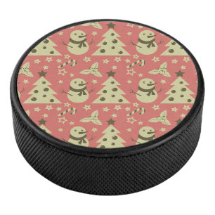 Retro Christmas trees holly berry star candy cane  Hockey Puck