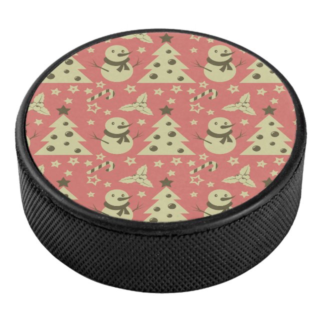 Retro Christmas trees holly berry star candy cane  Hockey Puck (3/4)