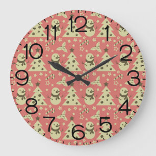 Retro Christmas trees holly berry star candy cane Large Clock