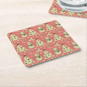 Retro Christmas trees holly berry star candy cane Square Paper Coaster
