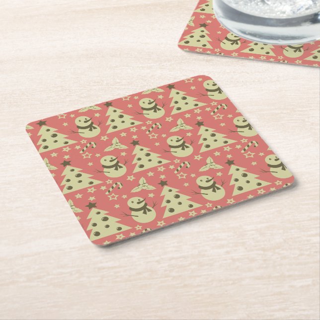 Retro Christmas trees holly berry star candy cane  Square Paper Coaster (Angled)