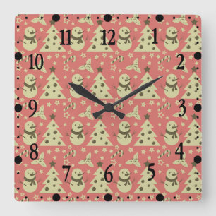 Retro Christmas trees holly berry star candy cane  Square Wall Clock