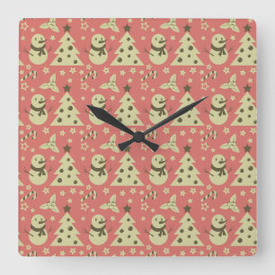 Retro Christmas trees holly berry star candy cane Square Wall Clock