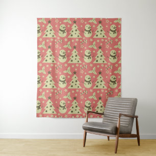 Retro Christmas trees holly berry star candy cane Tapestry