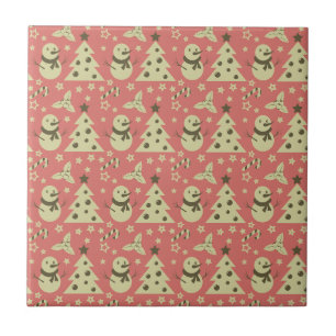 Retro Christmas trees holly berry star candy cane Tile