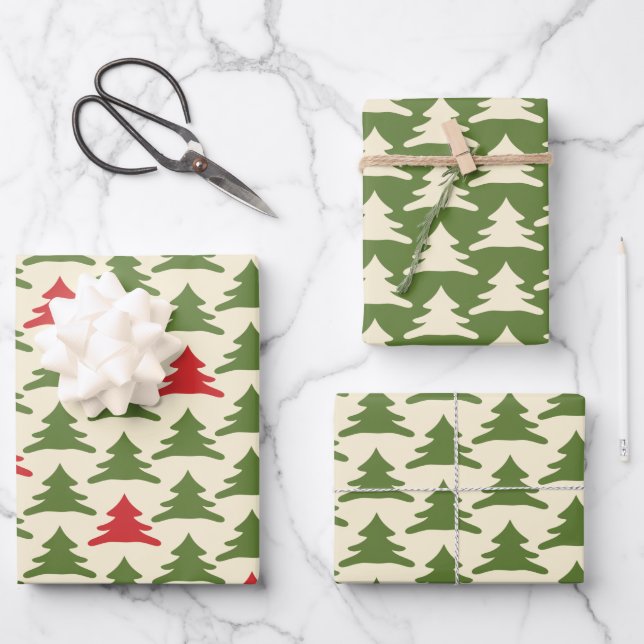 Retro Christmas Trees in Olive Green Red Cream Wrapping Paper Sheet (Front)