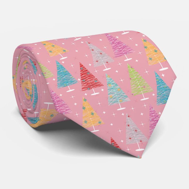 Retro Christmas Trees Pink Christmas Tie (Rolled)