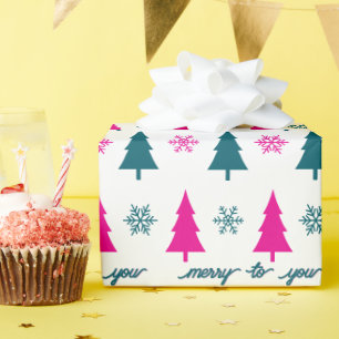 Retro Christmas Trees Pink Teal Snowflakes Wrapping Paper