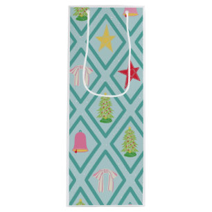 Retro Christmas Trees, Stars, Bows & Bells Wine Gift Bag