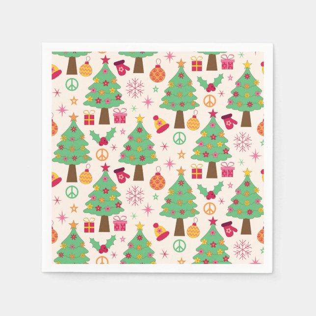 Retro Christmas Trees With Peace Sign Pattern  Napkin (Front)