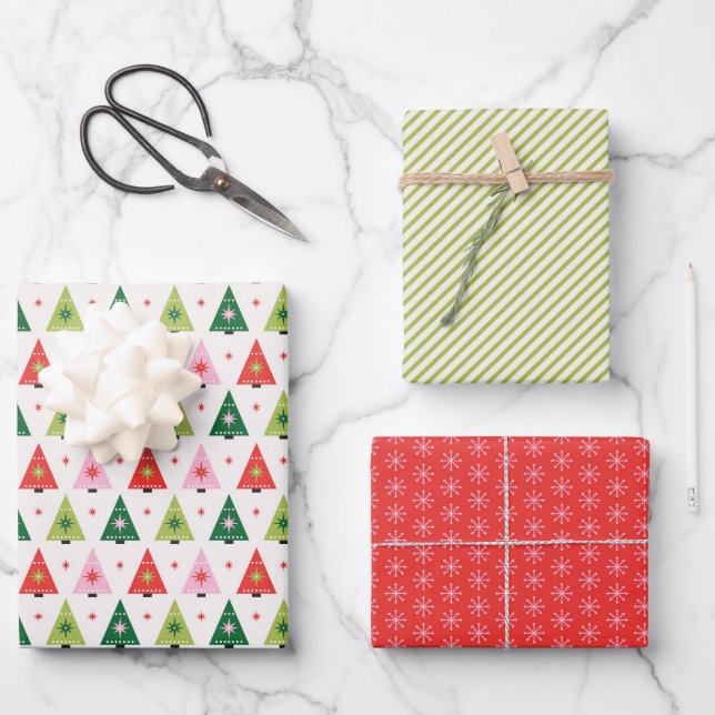 Retro Christmas Trees Wrapping Paper Sheets (Front)