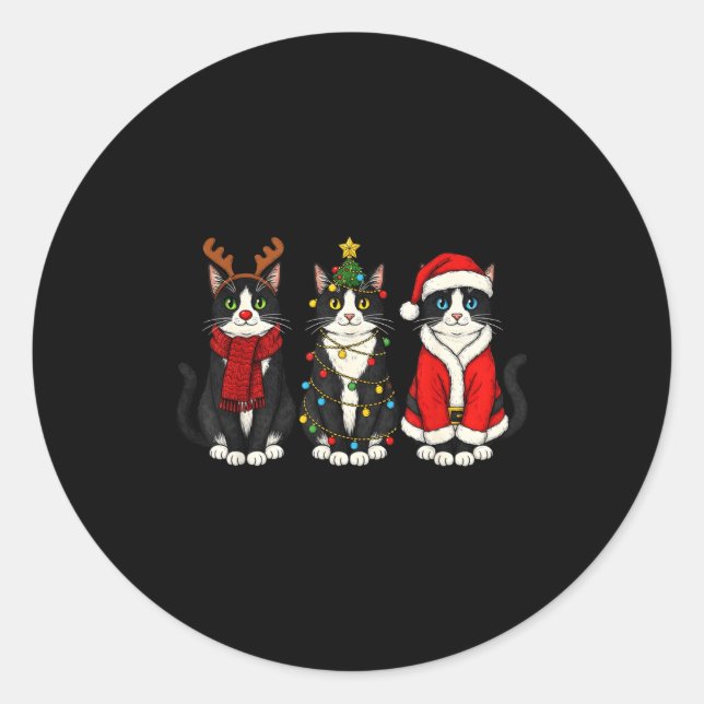 Retro Christmas Tuxedo Cat Santa Reindeer  Classic Round Sticker (Front)