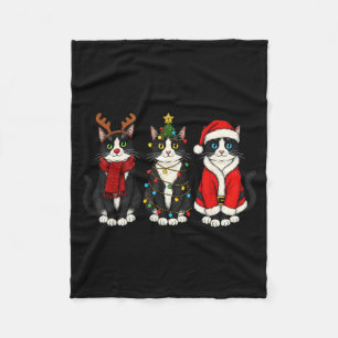 Retro Christmas Tuxedo Cat Santa Reindeer Fleece Blanket