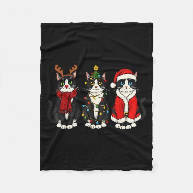 Retro Christmas Tuxedo Cat Santa Reindeer  Fleece Blanket (Front)
