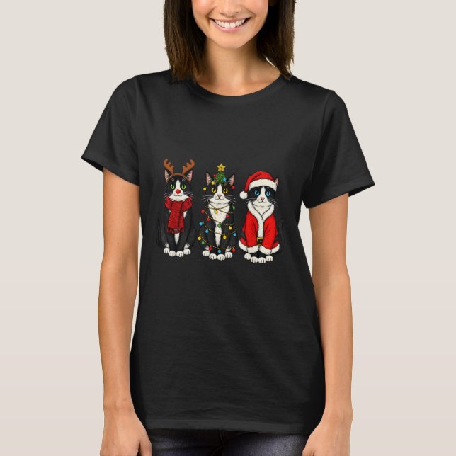 Retro Christmas Tuxedo Cat Santa Reindeer  T-Shirt (Front)