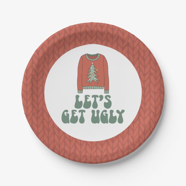 Retro Christmas Ugly Sweater Party Paper Plates (Front)