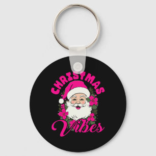 Retro Christmas Vibes Pink Santa Claus Fun Xmas Wo Key Ring